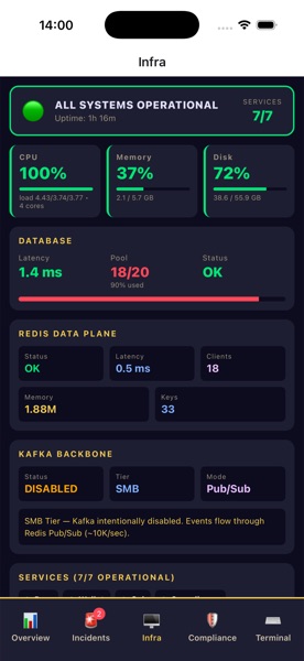 Infra tab — CPU/memory/disk rings, DB pool, Redis, Kafka, services grid